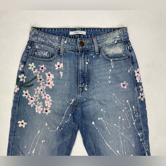 Fidelity Cherry Blossom Straight Cropped Denim Jeans Women Size 25 Blue - Picture 2 of 13